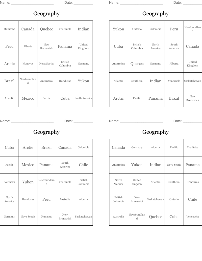 Geography Bingo Cards WordMint