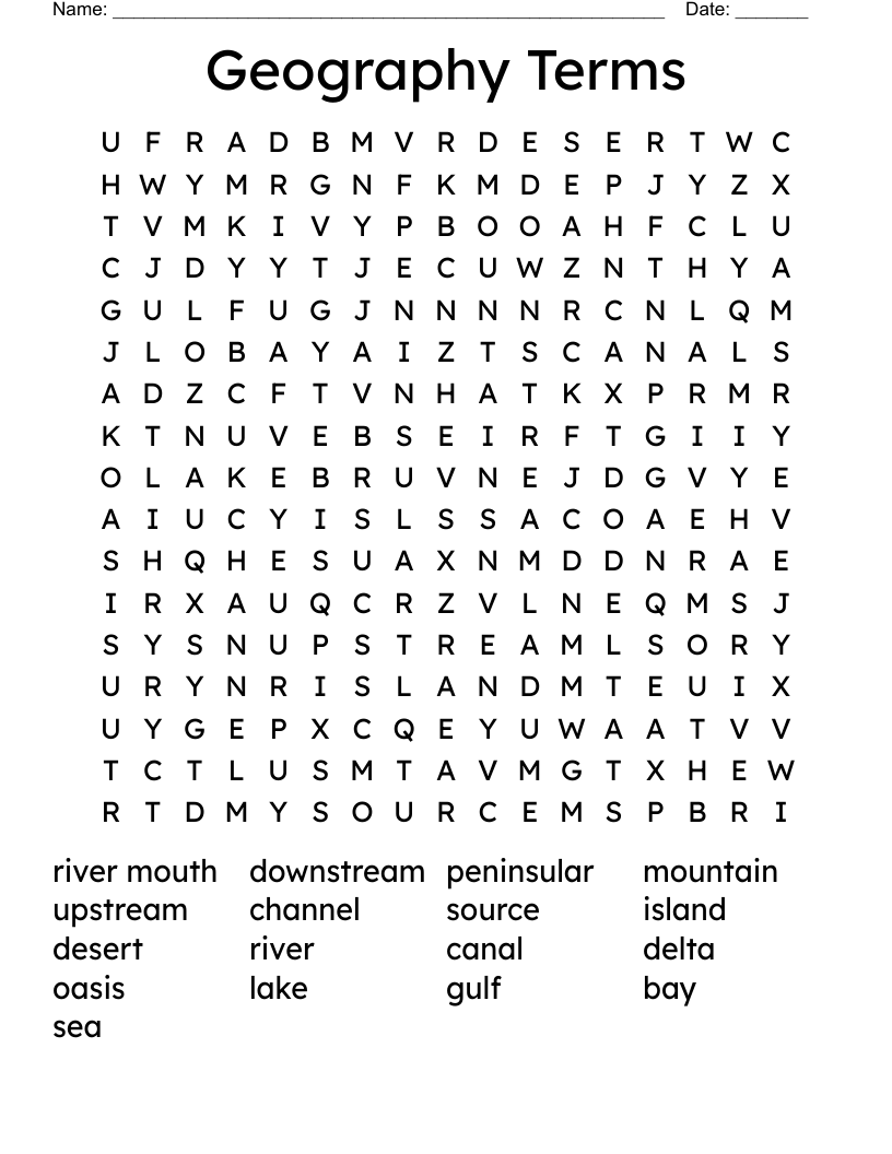 Geography Terms Word Search - WordMint