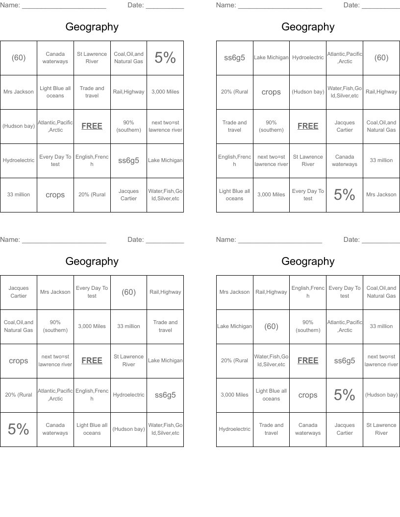 Geography Bingo Cards WordMint