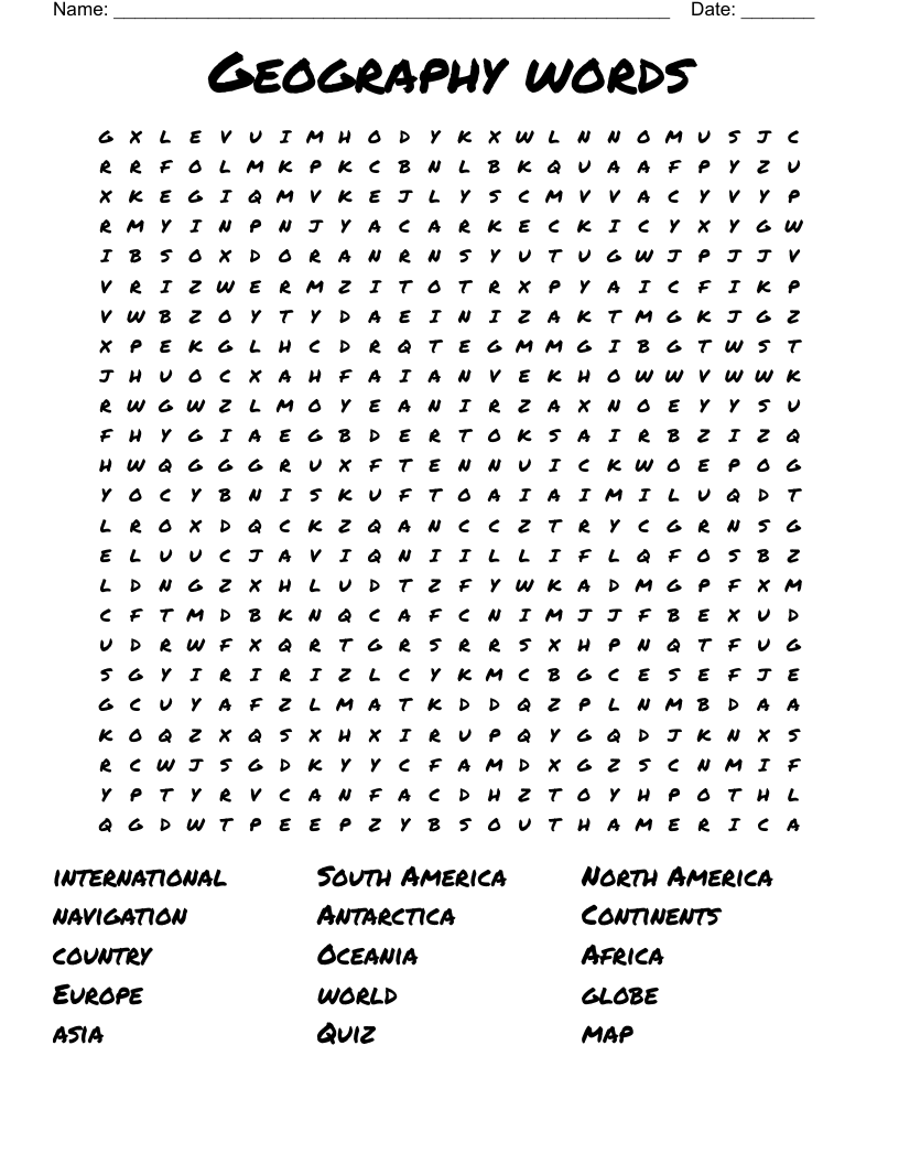 Geography words Word Search WordMint