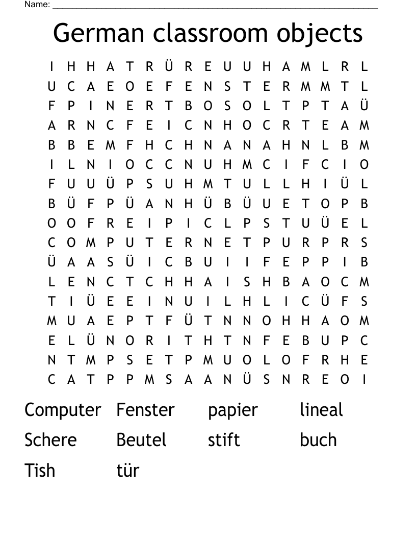 German classroom objects Word Search WordMint