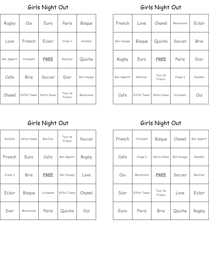 Girls Night Out Bingo Cards WordMint