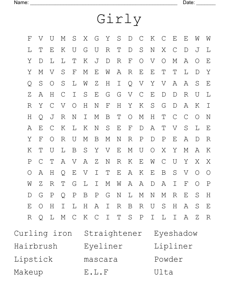 All girly thing's Word Search WordMint