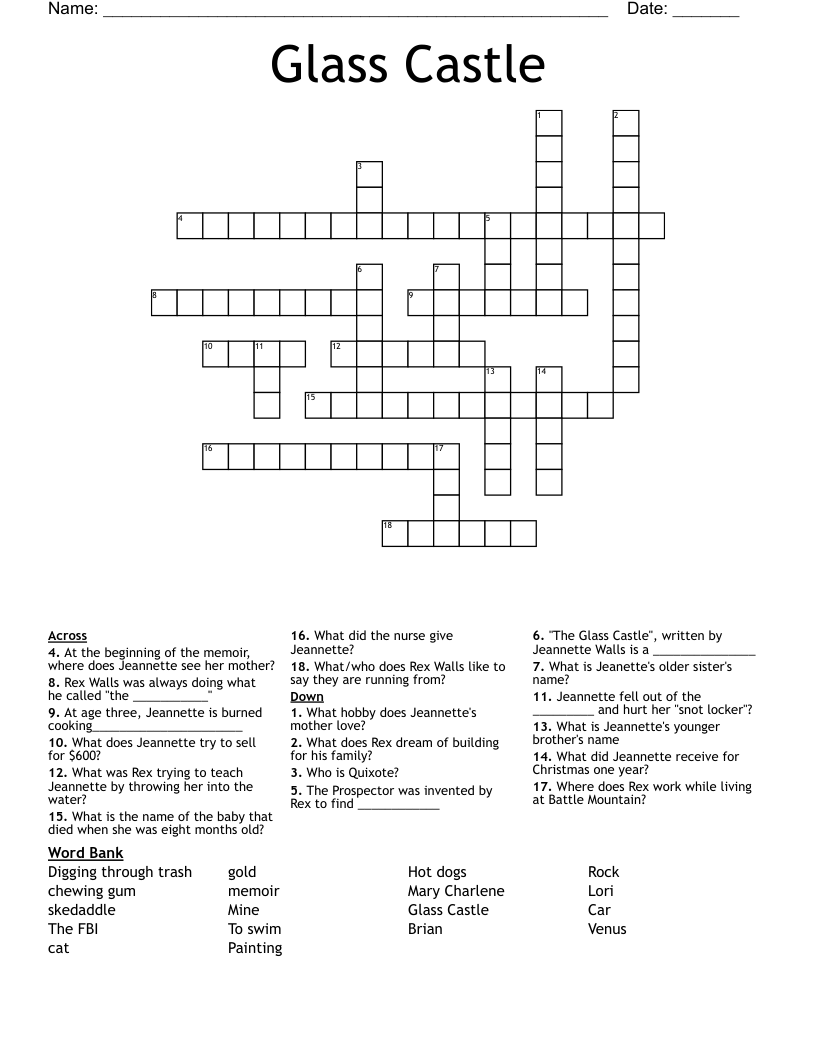 Glass Castle Crossword WordMint
