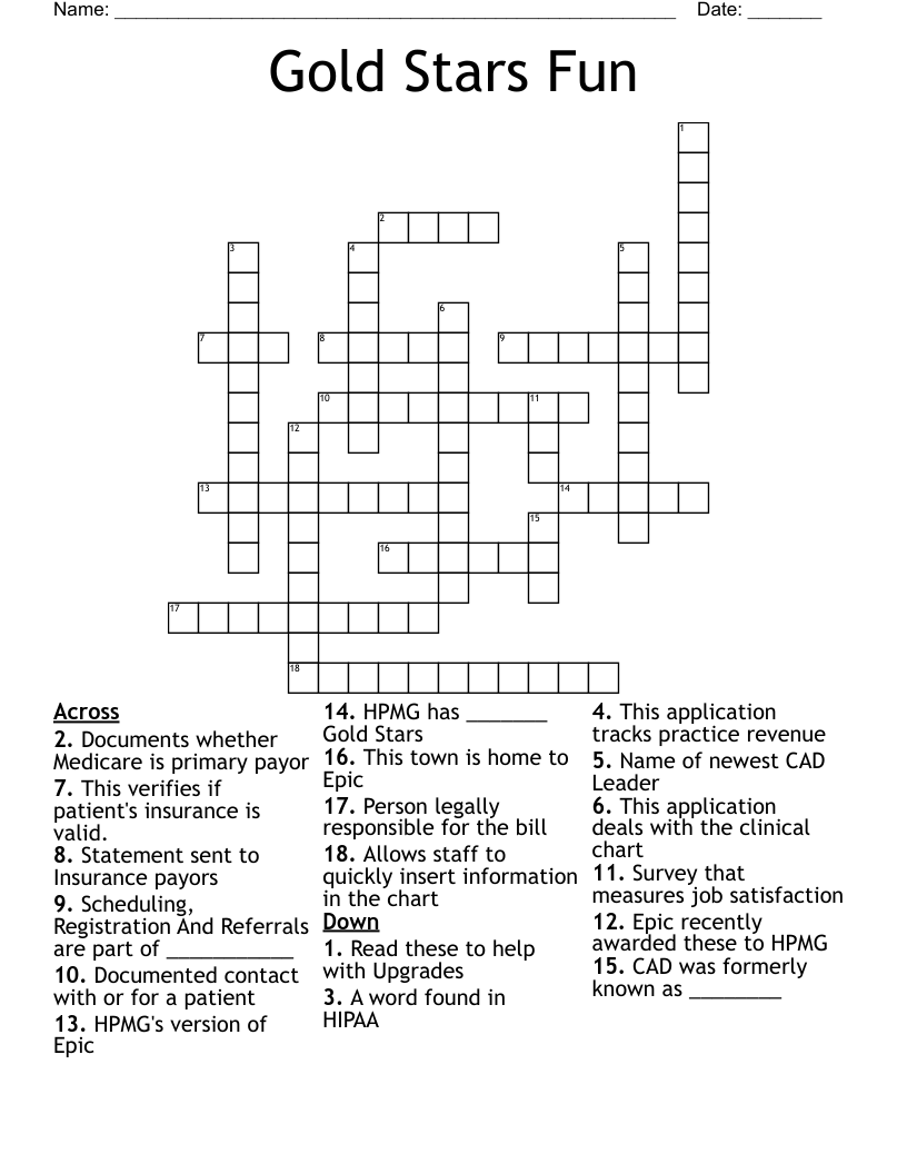 Gold Stars Fun Crossword WordMint