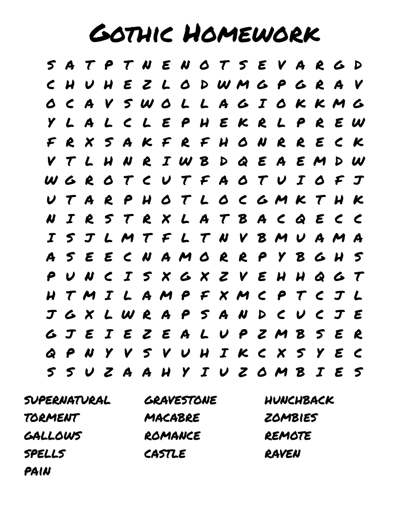 Gothic Homework Word Search WordMint