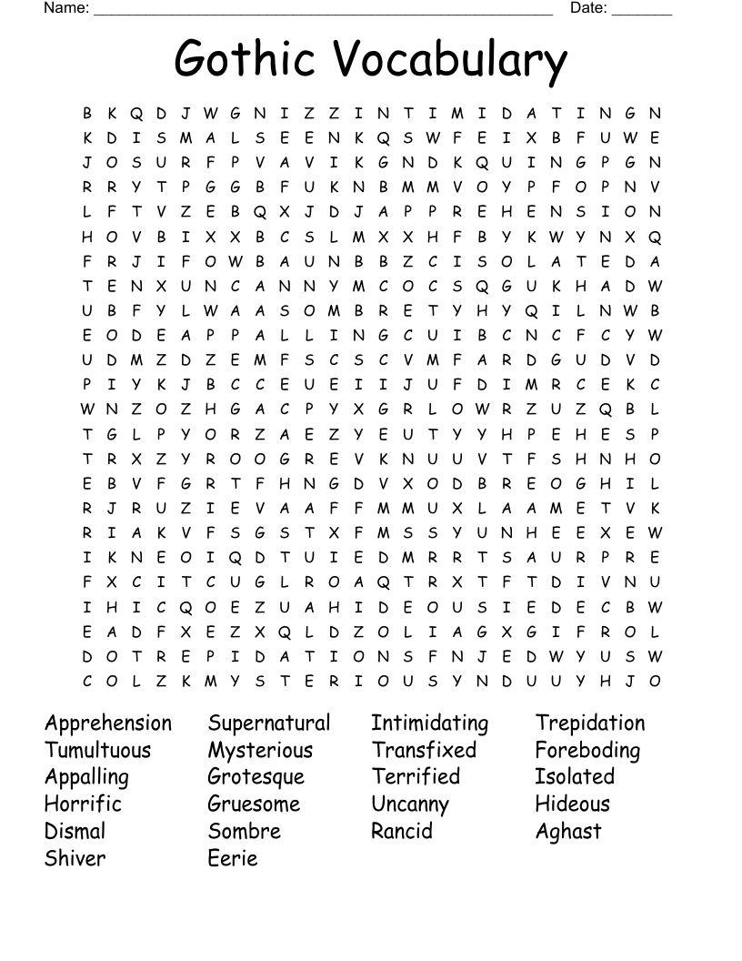 Ambitious Gothic Vocabulary Word Search WordMint