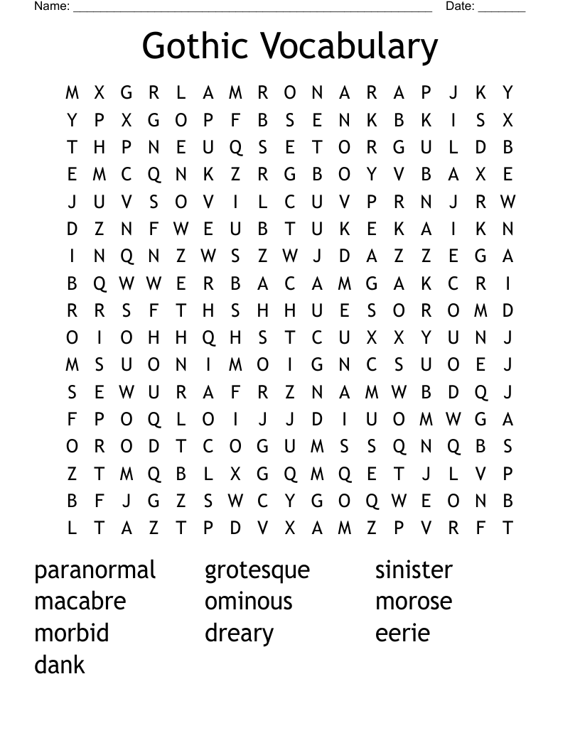 Ambitious Gothic Vocabulary Word Search WordMint