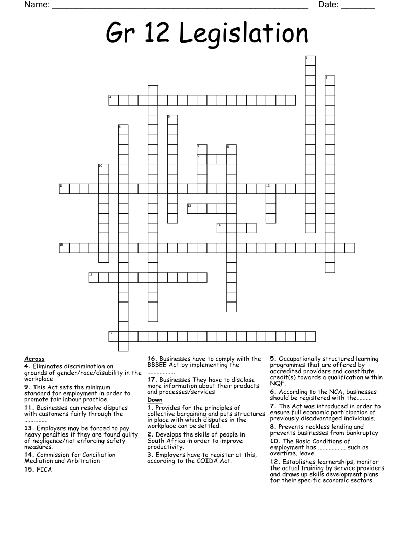 Gr 12 Legislation Crossword WordMint