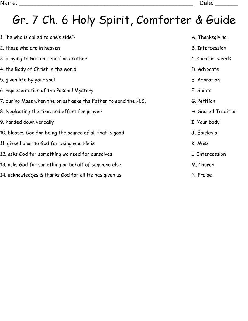Gr. 7 Ch. 6 Holy Spirit, Comforter & Guide Worksheet WordMint