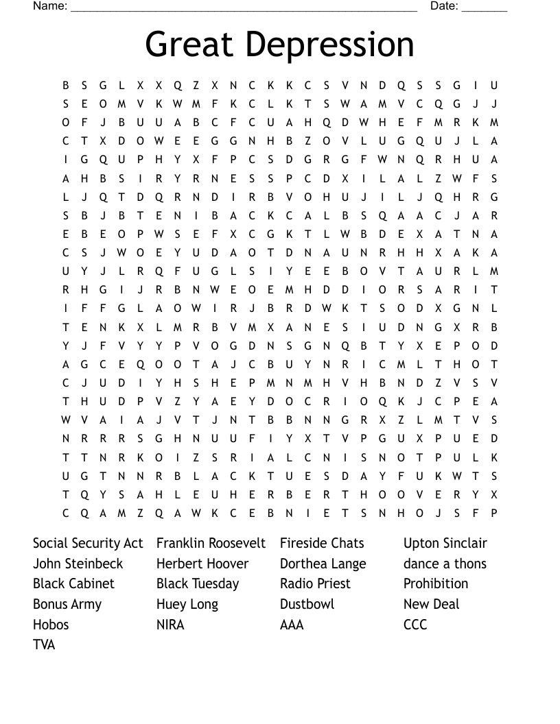 Great Depression Word Search WordMint