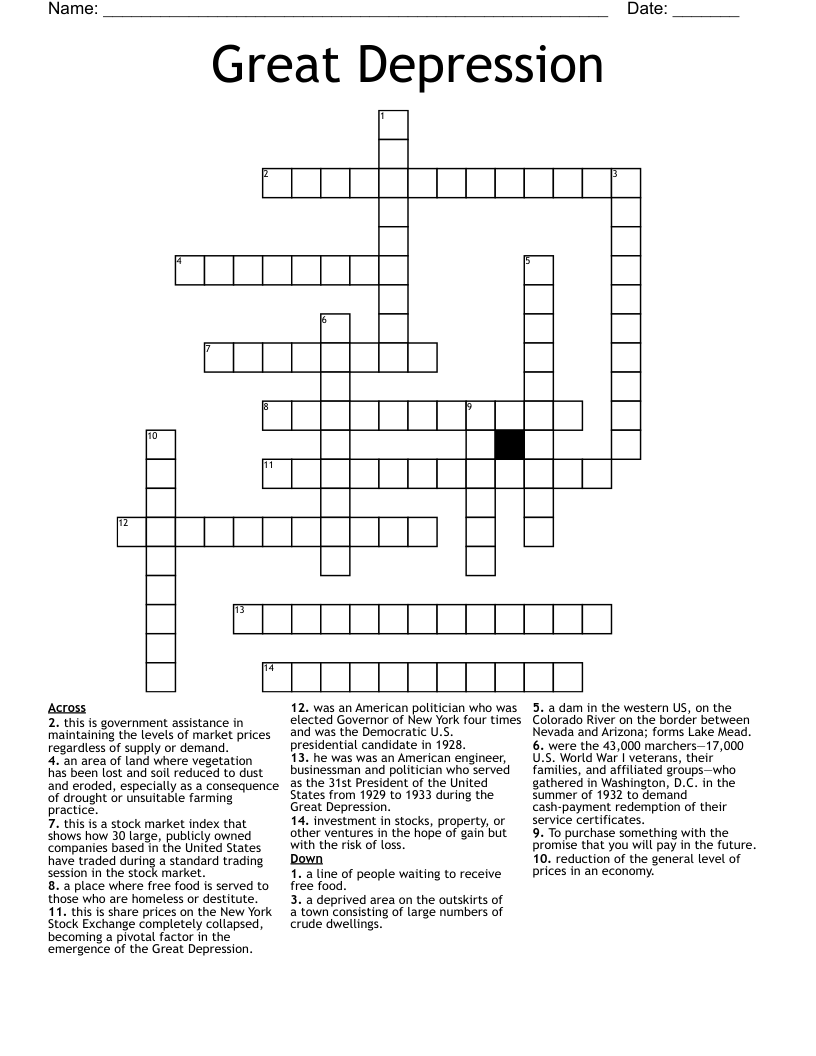 Great Depression Crossword WordMint