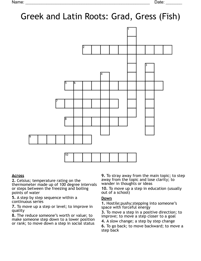 Greek and Latin Roots Grad, Gress (Fish) Crossword WordMint