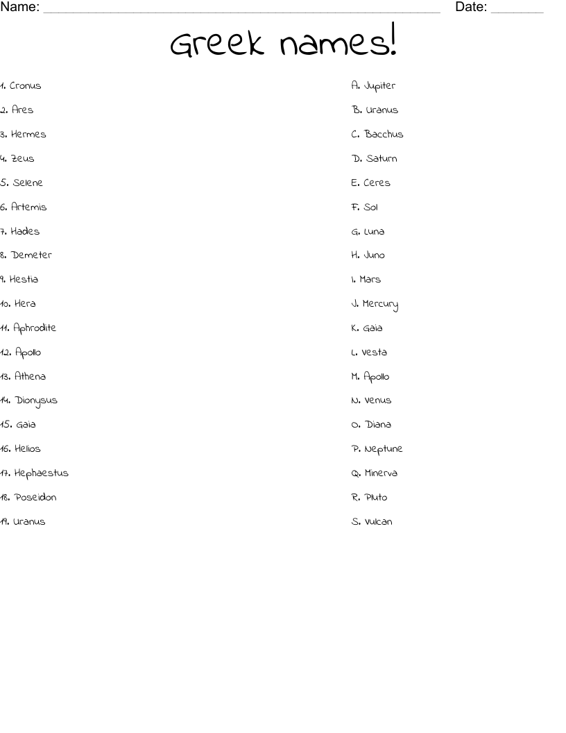 Greek names! Worksheet WordMint