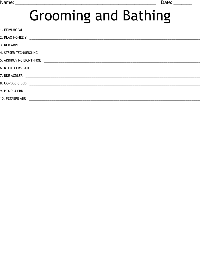 Grooming and Bathing Word Scramble WordMint