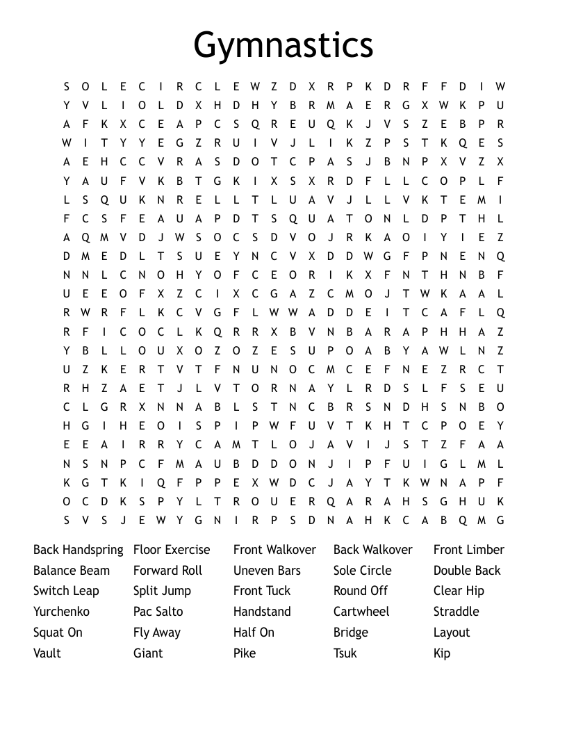 Gymnastics Crosswords, Word Searches, Bingo Cards WordMint
