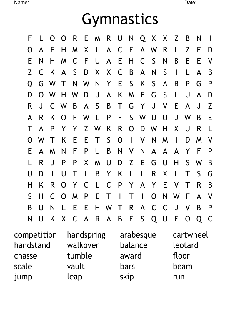 Gymnastics Crosswords, Word Searches, Bingo Cards WordMint