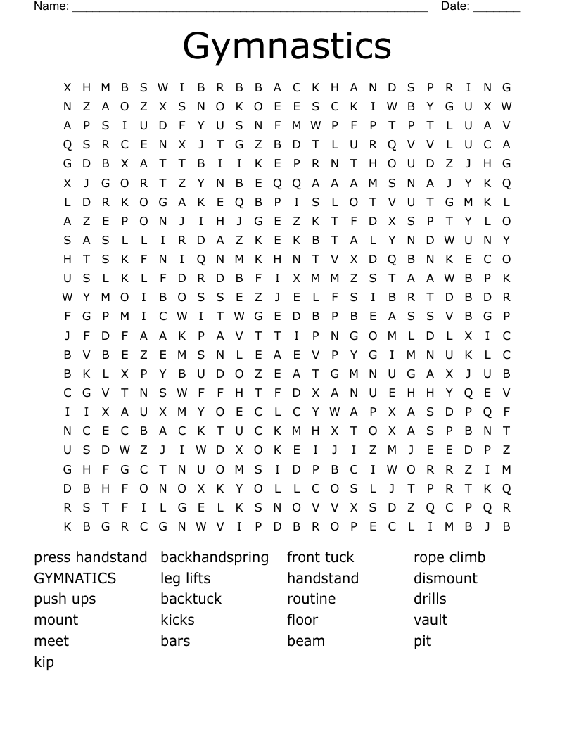 Gymnastics Crosswords, Word Searches, Bingo Cards WordMint