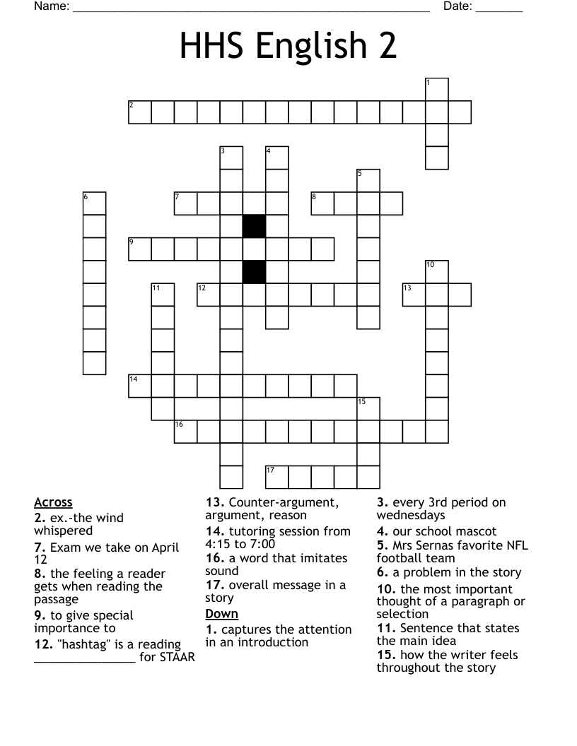 HHS English 2 Crossword WordMint