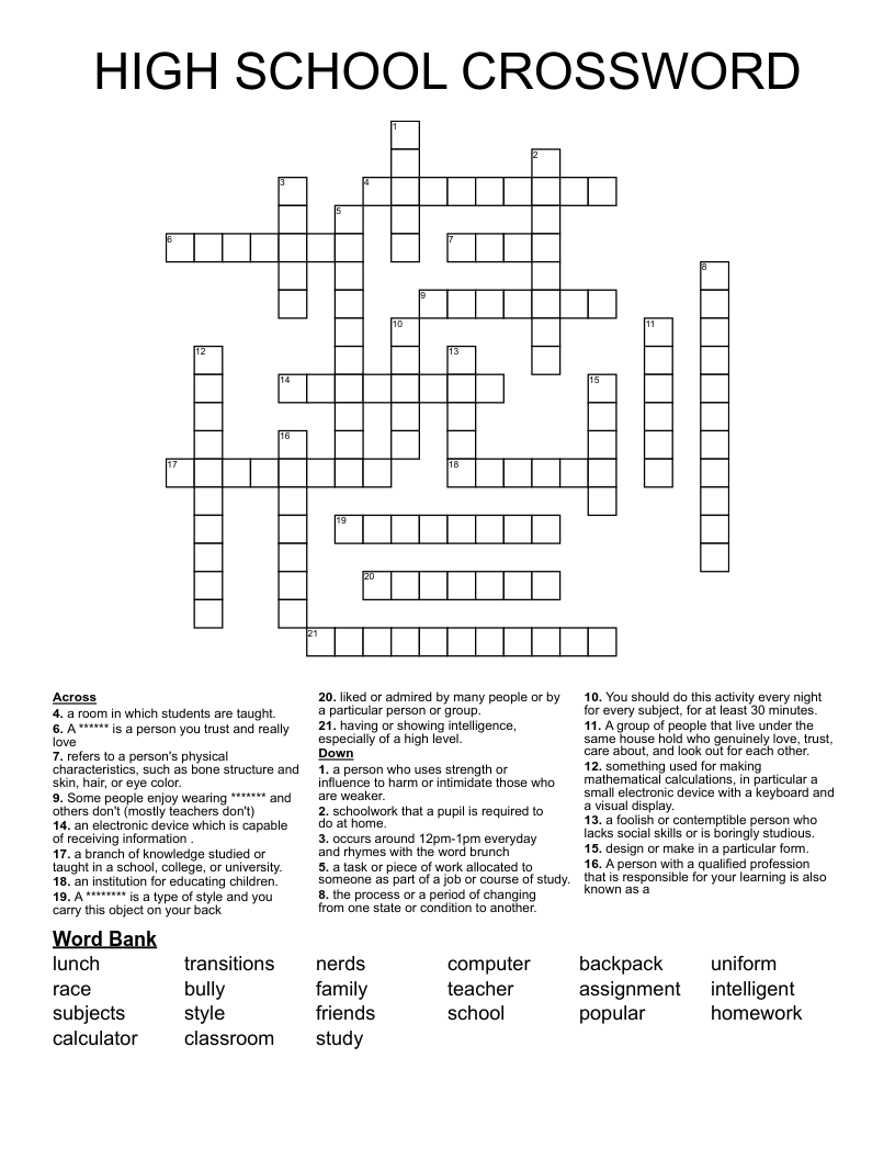 HIGH SCHOOL CROSSWORD WordMint