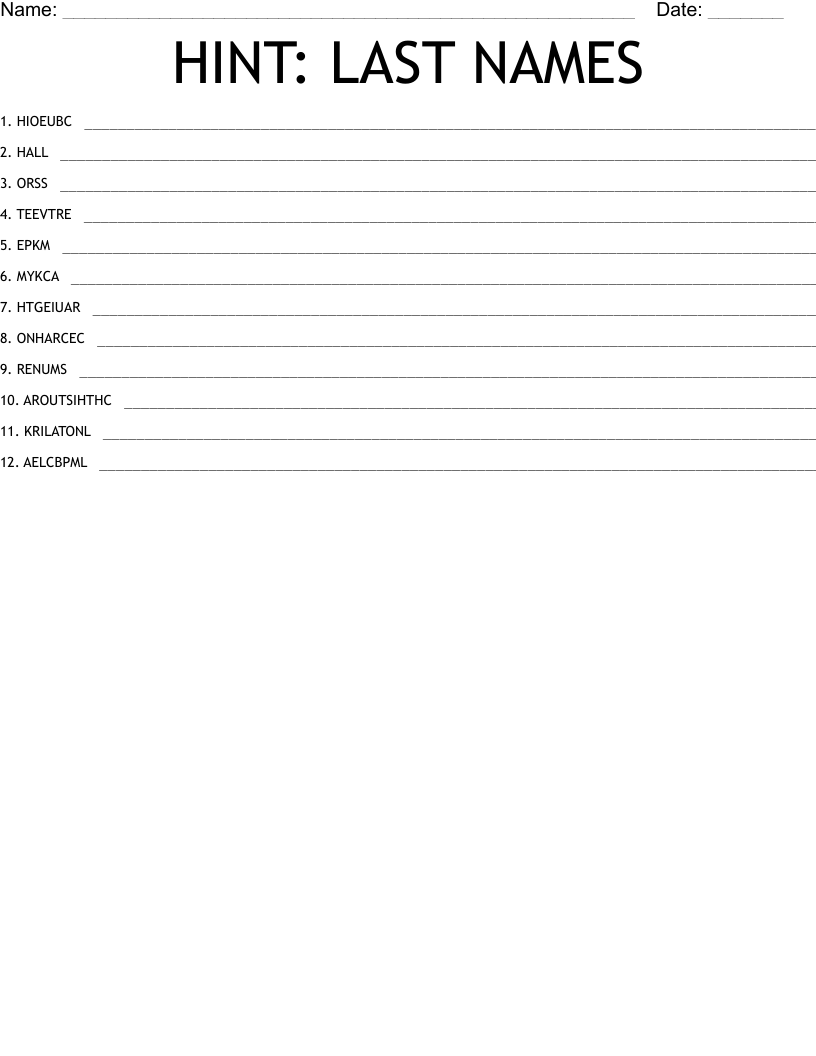 HINT LAST NAMES Word Scramble WordMint