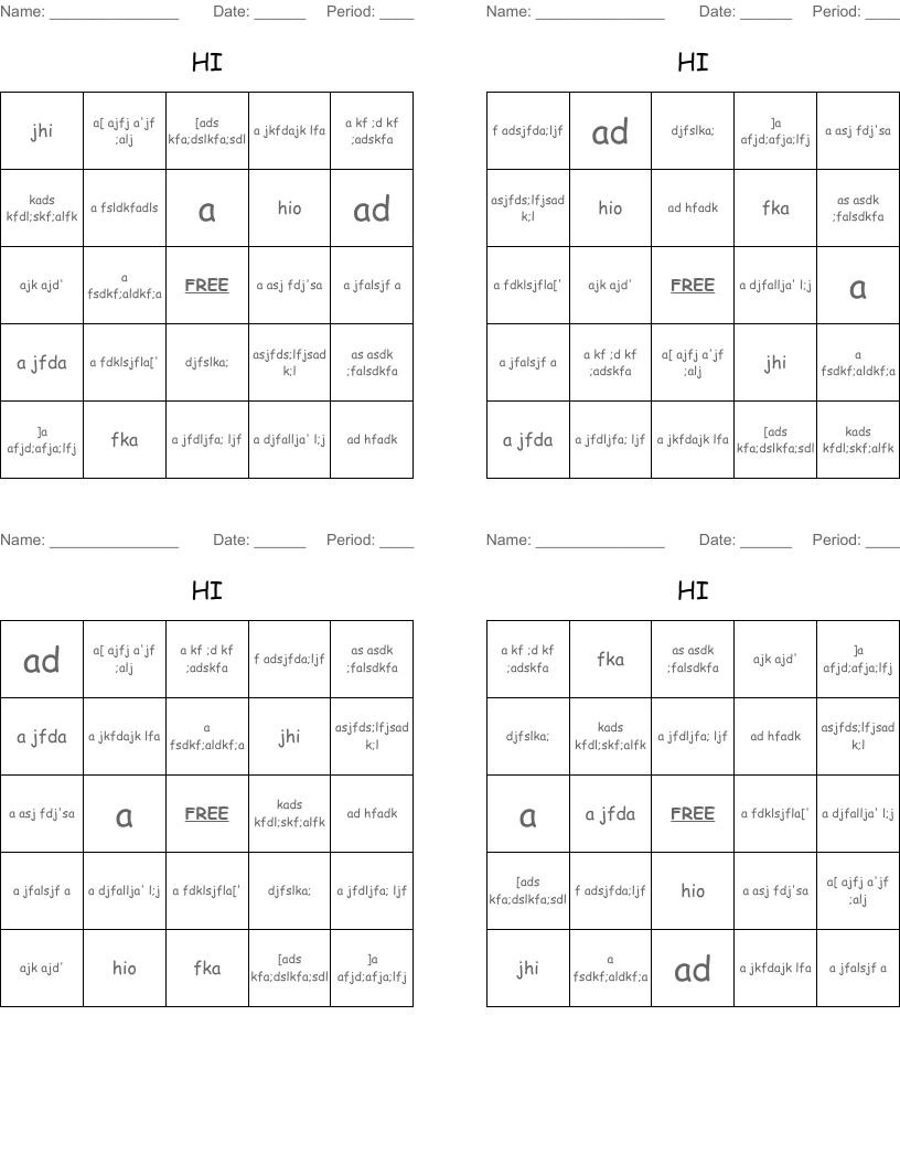 HI Bingo Cards WordMint