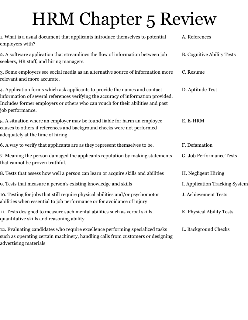 HRM Chapter 5 Review Worksheet WordMint