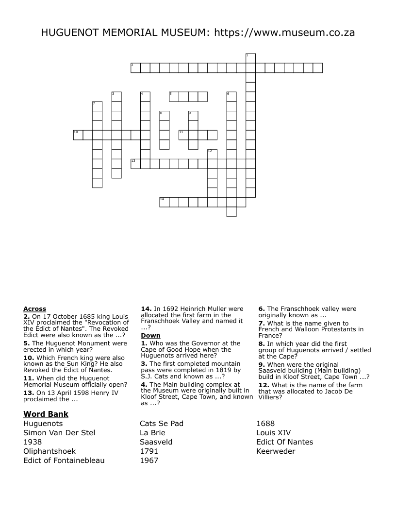 HUGUENOT MEMORIAL MUSEUM https//www.museum.co.za Crossword WordMint