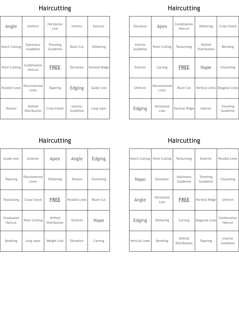 Haircutting Bingo Cards WordMint