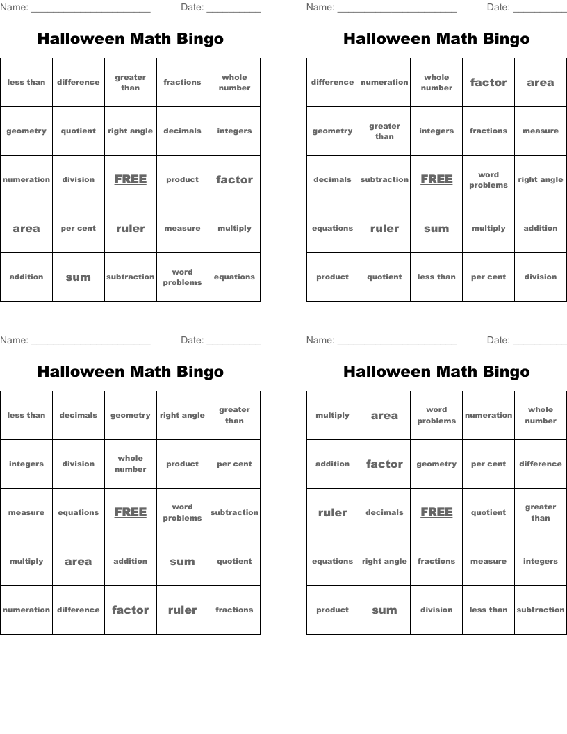 Halloween Math Bingo WordMint
