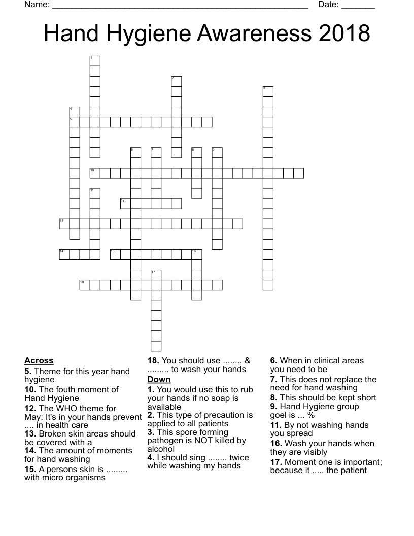 Hand Hygiene Awareness 2018 Crossword WordMint