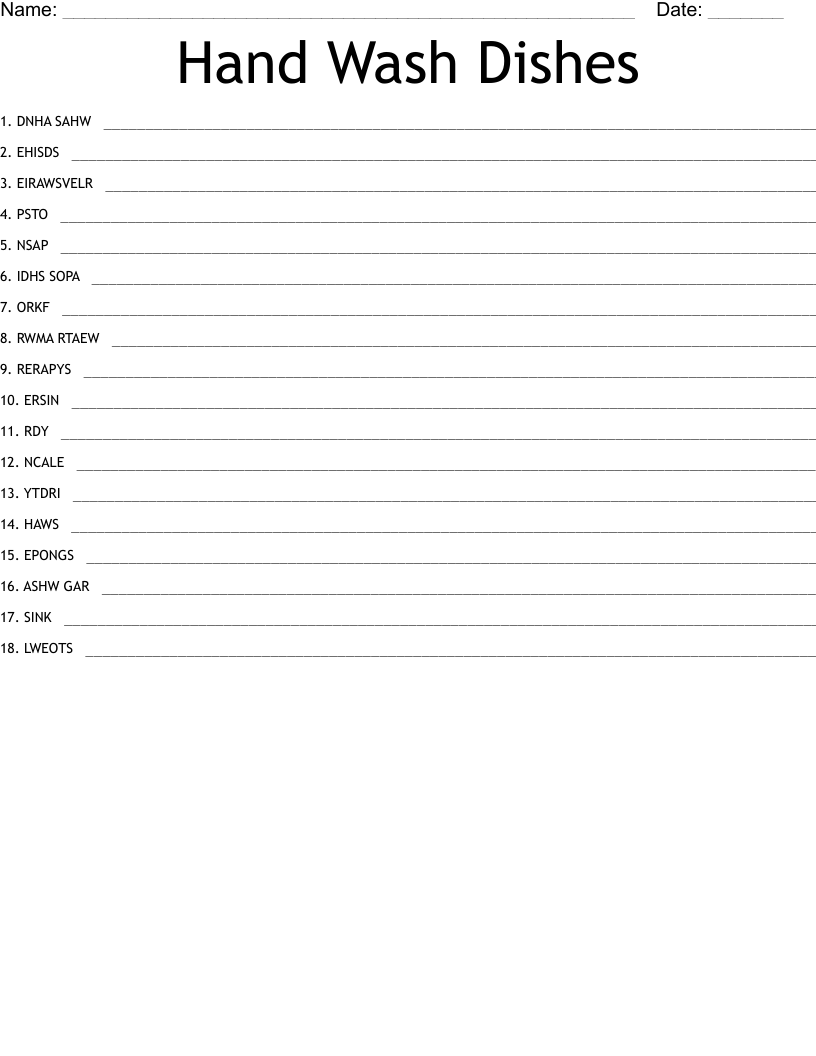Hand Wash Dishes Word Search WordMint