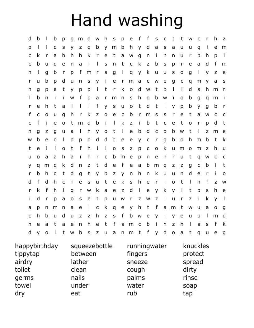 Hand washing Word Search WordMint