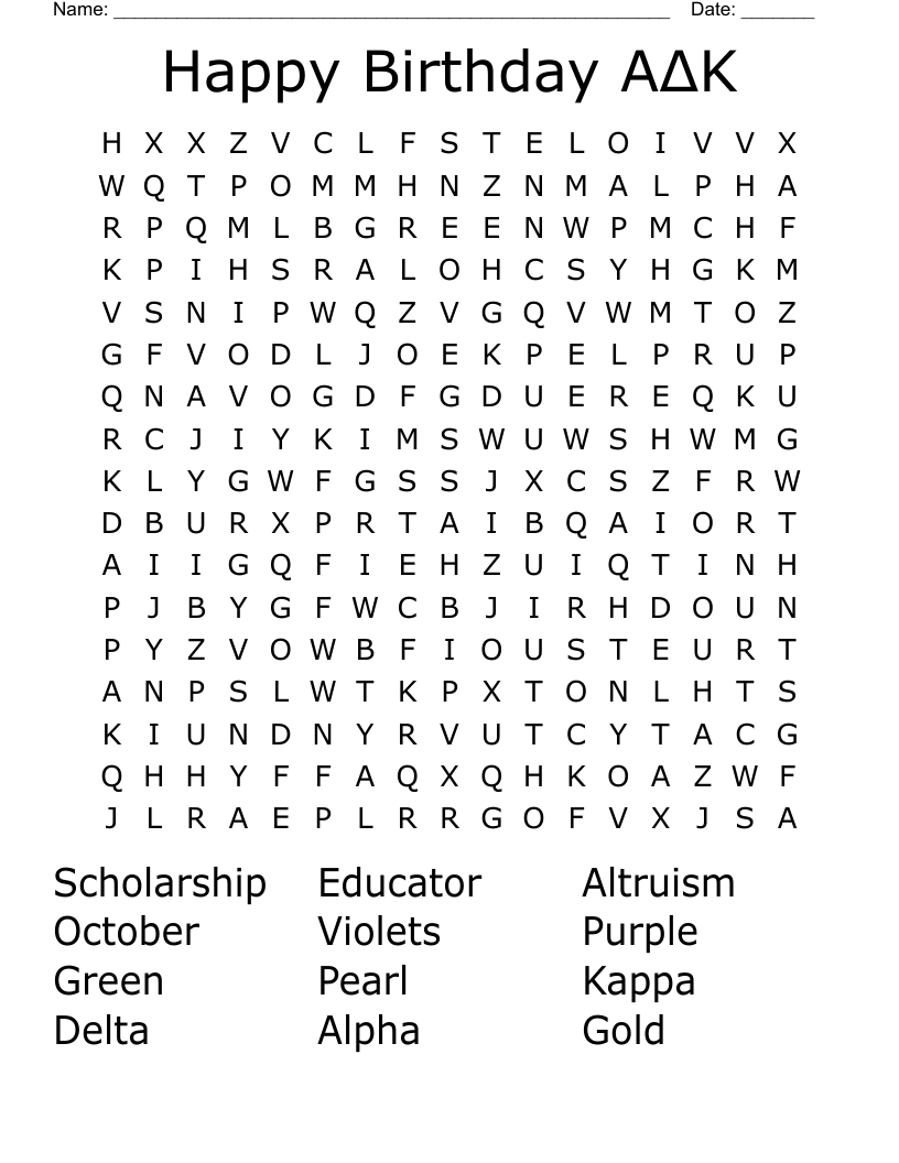Happy Birthday ΑΔΚ Word Search - WordMint