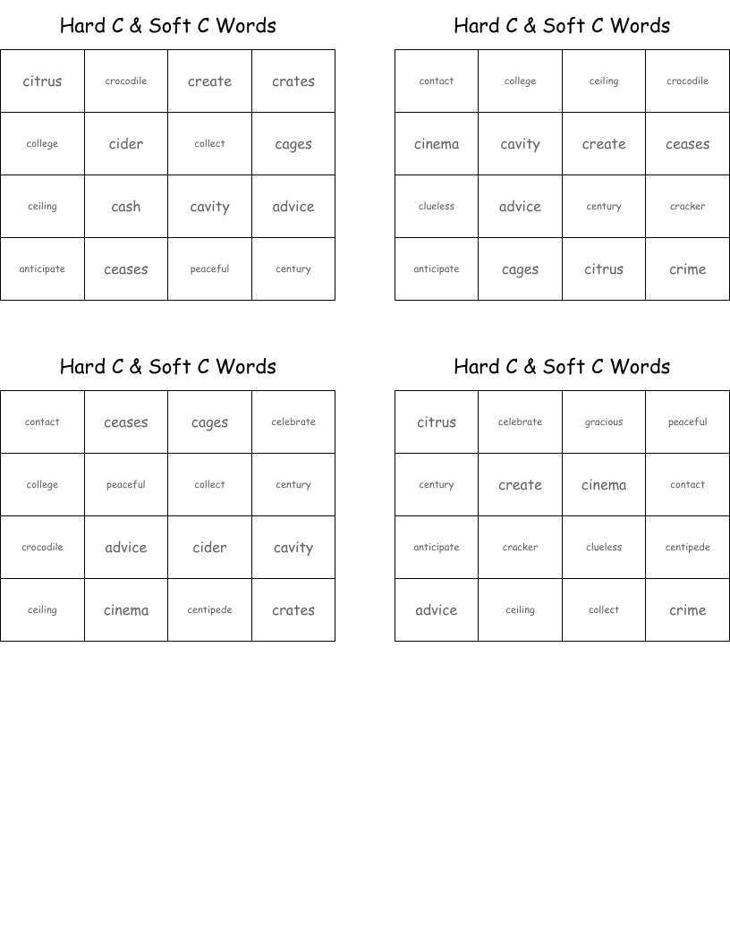 Hard C & Soft C Words Bingo Cards - WordMint