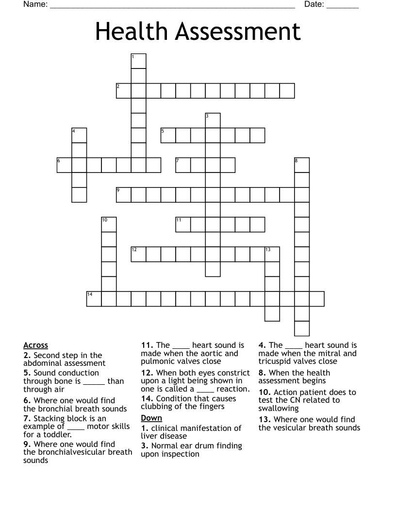 Health Assessment Crossword WordMint