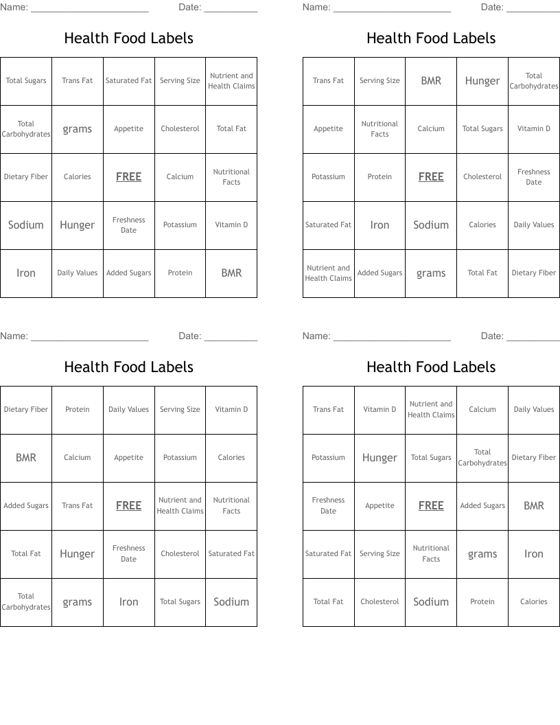 Health Food Labels Bingo Cards WordMint