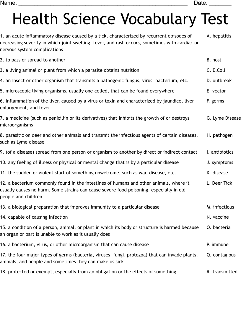 Health Science Vocabulary Test Worksheet WordMint