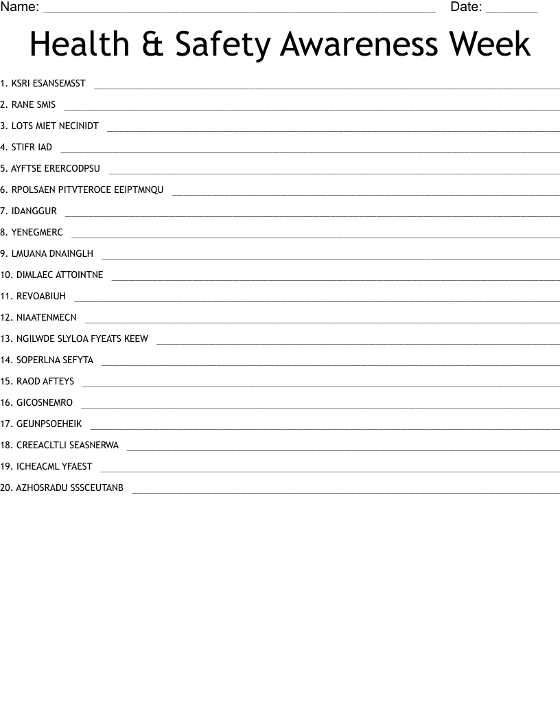 Health & Safety Awareness Week Word Scramble WordMint