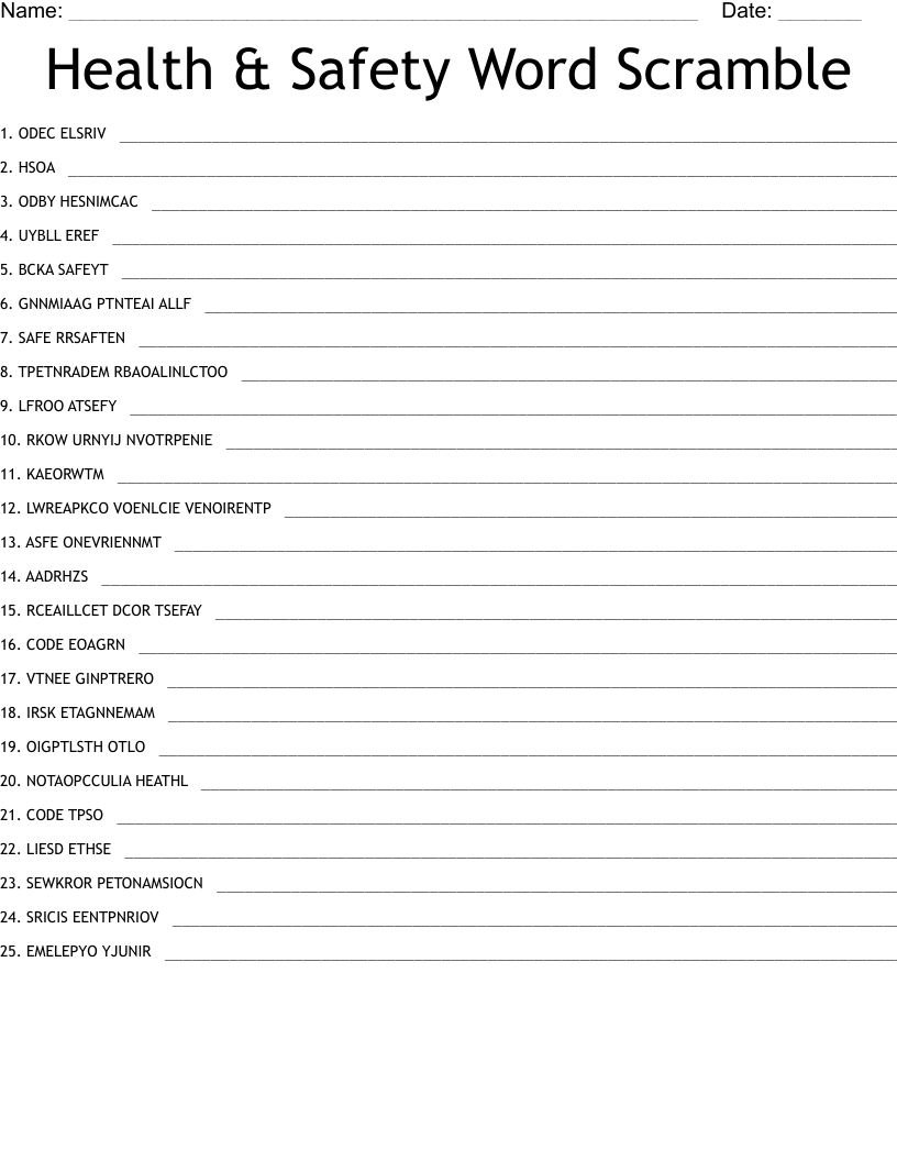 Health & Safety Word Scramble WordMint