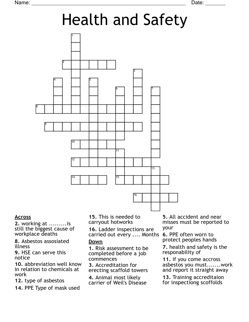 Health and Safety Crossword WordMint