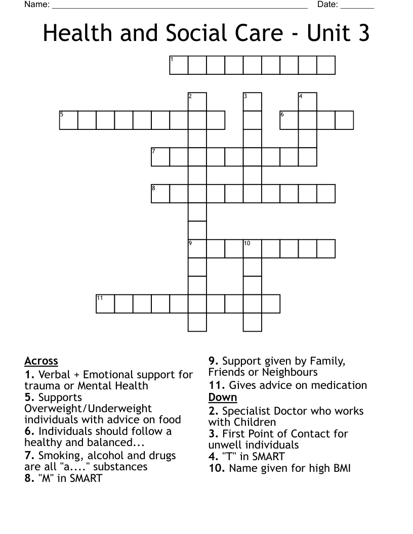 Health and Social Care Unit 3 Crossword WordMint