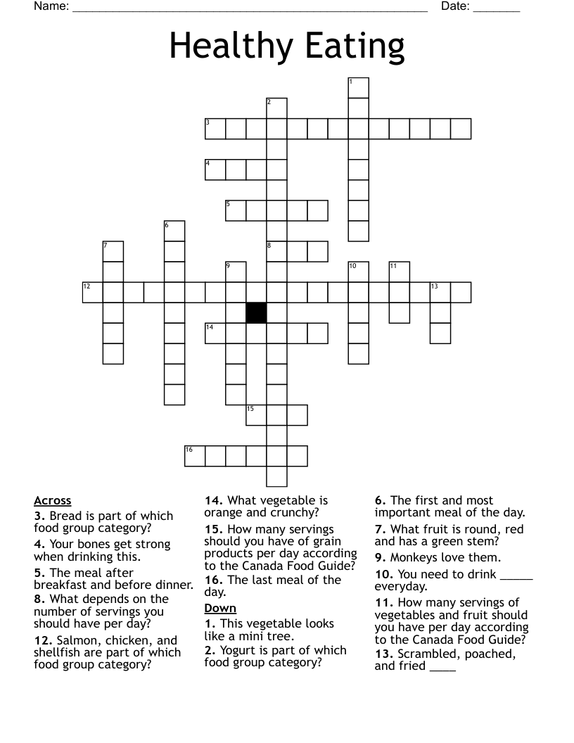 Healthy Eating Crossword Puzzle Printables