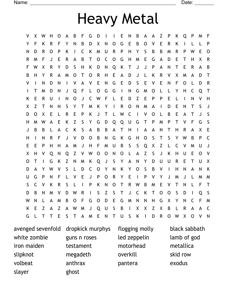 Music Heavy Metal Word Search WordMint