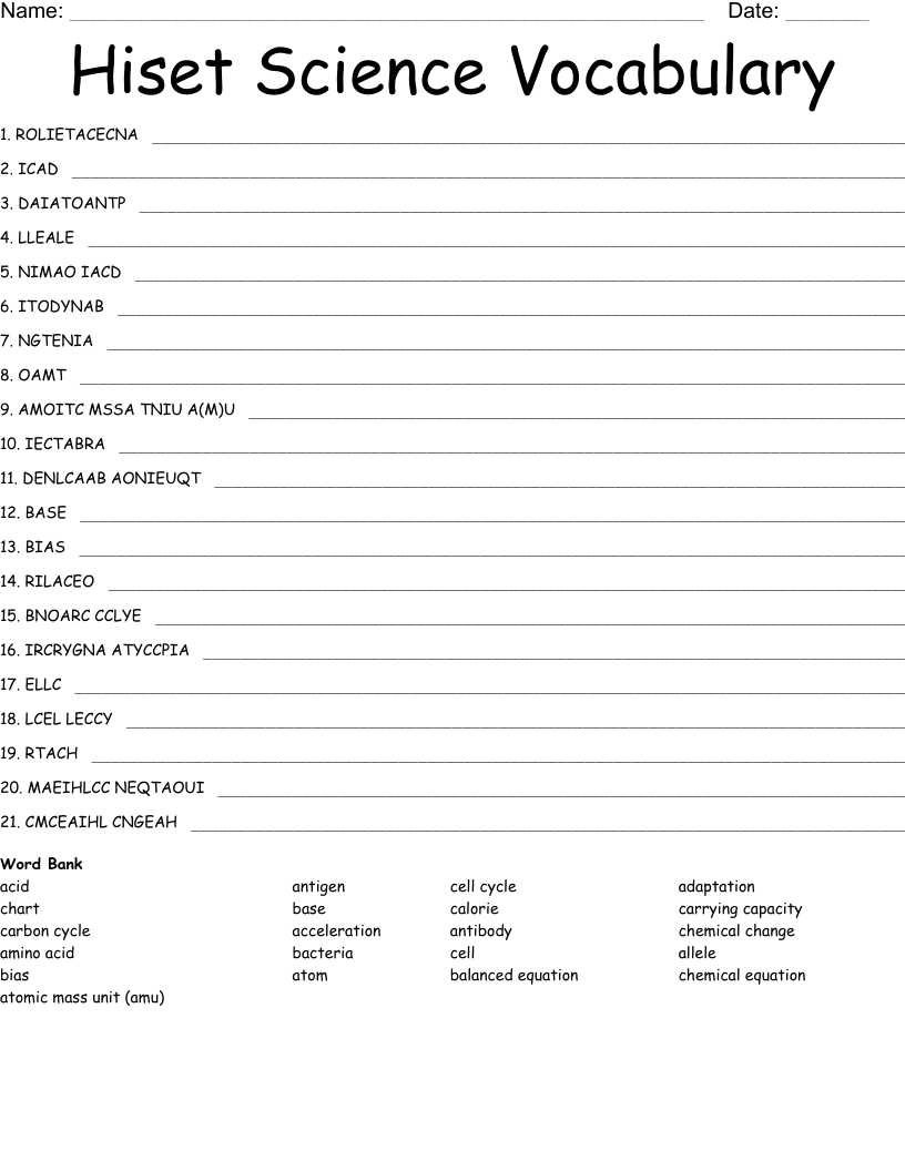 Hiset Science Vocabulary Word Scramble WordMint