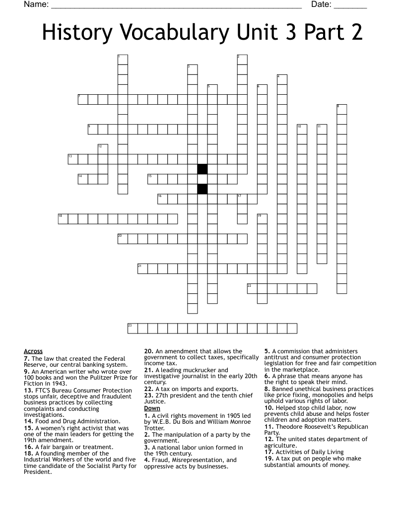 History Vocabulary Unit 3 Part 2 Crossword WordMint