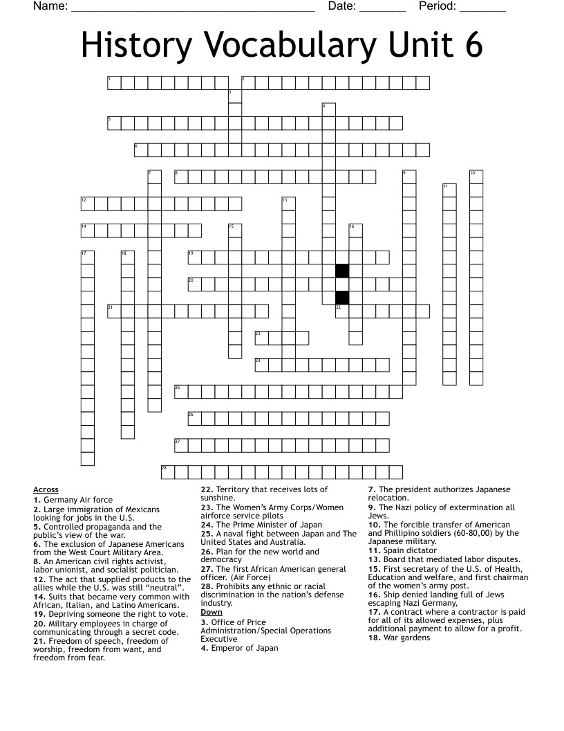 History Vocabulary Unit 6 Crossword WordMint