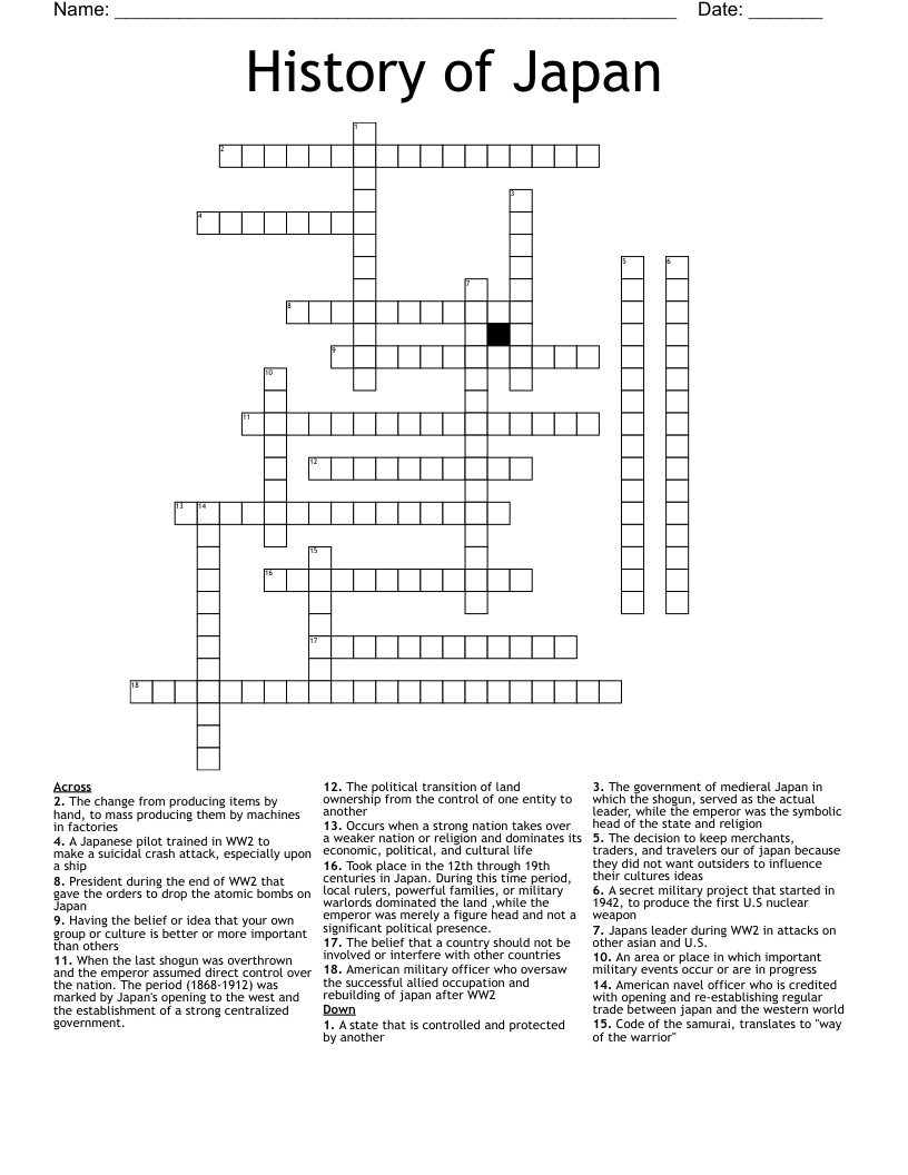 History of Japan Crossword WordMint