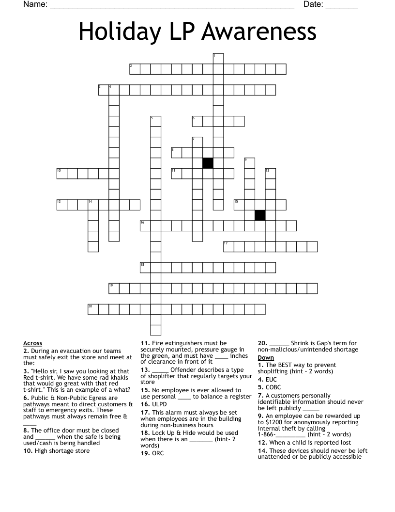 Holiday LP Awareness Crossword WordMint