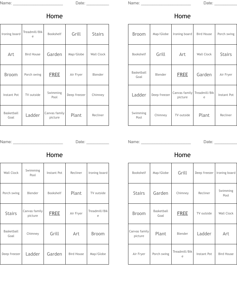 Home Bingo Cards WordMint